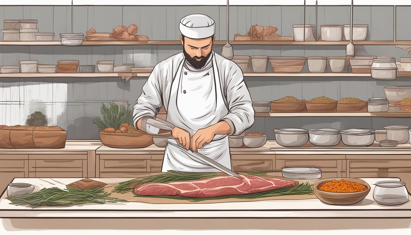 A butcher slicing and seasoning raw meat, then wrapping it in spices and hanging it to ferment