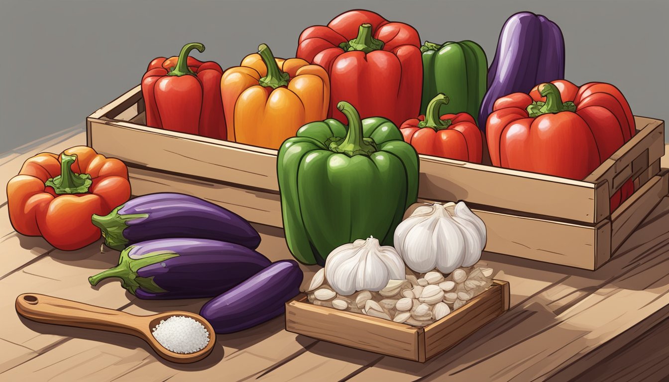 Fresh red bell peppers, eggplants, and garlic in a wooden crate. A bowl of salt, vinegar, and spices sits nearby. Jars and lids ready for filling