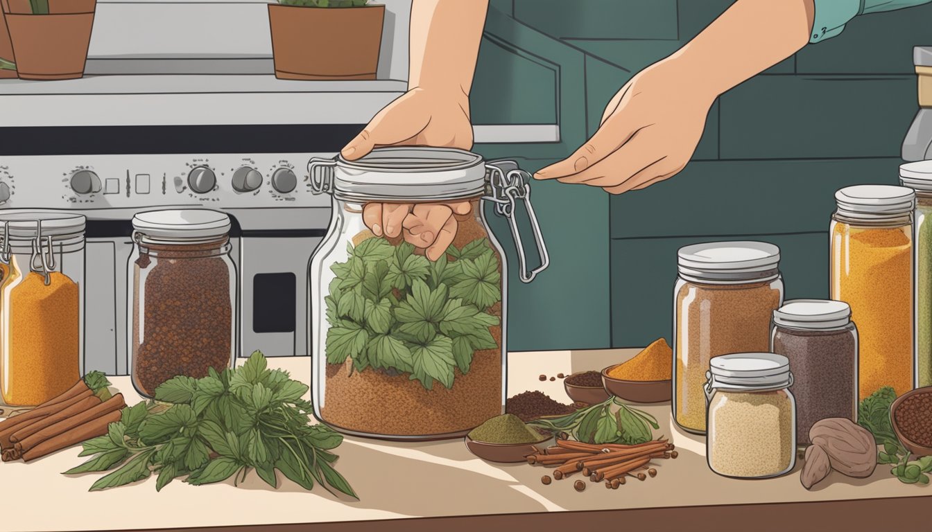 A jar of pastirma spice blend sits on a kitchen counter, surrounded by various spices and herbs. A hand reaches for the jar, ready to start the fermentation process