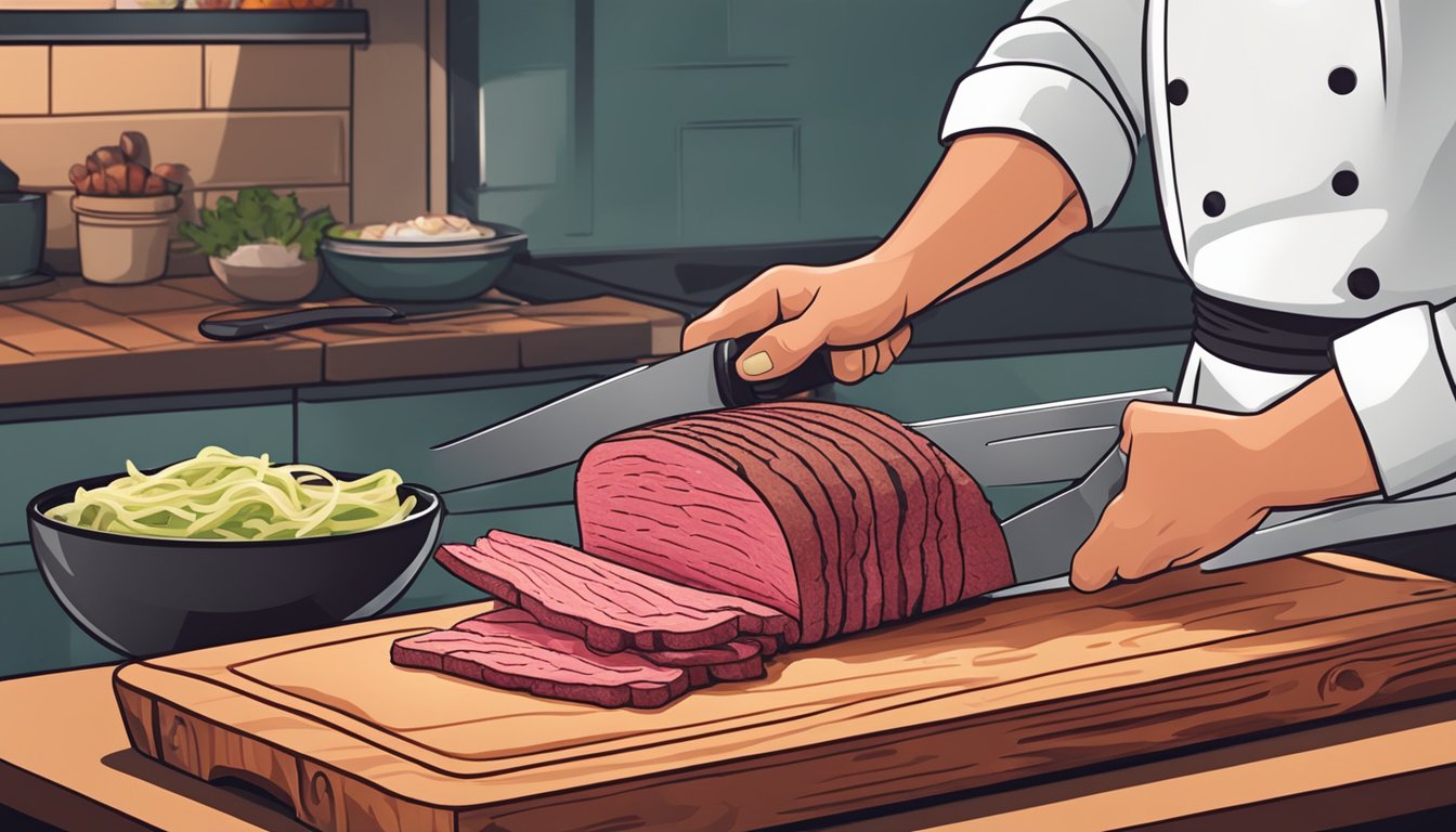 A chef slicing and serving a freshly fermented pastrami on a wooden cutting board with a sharp knife