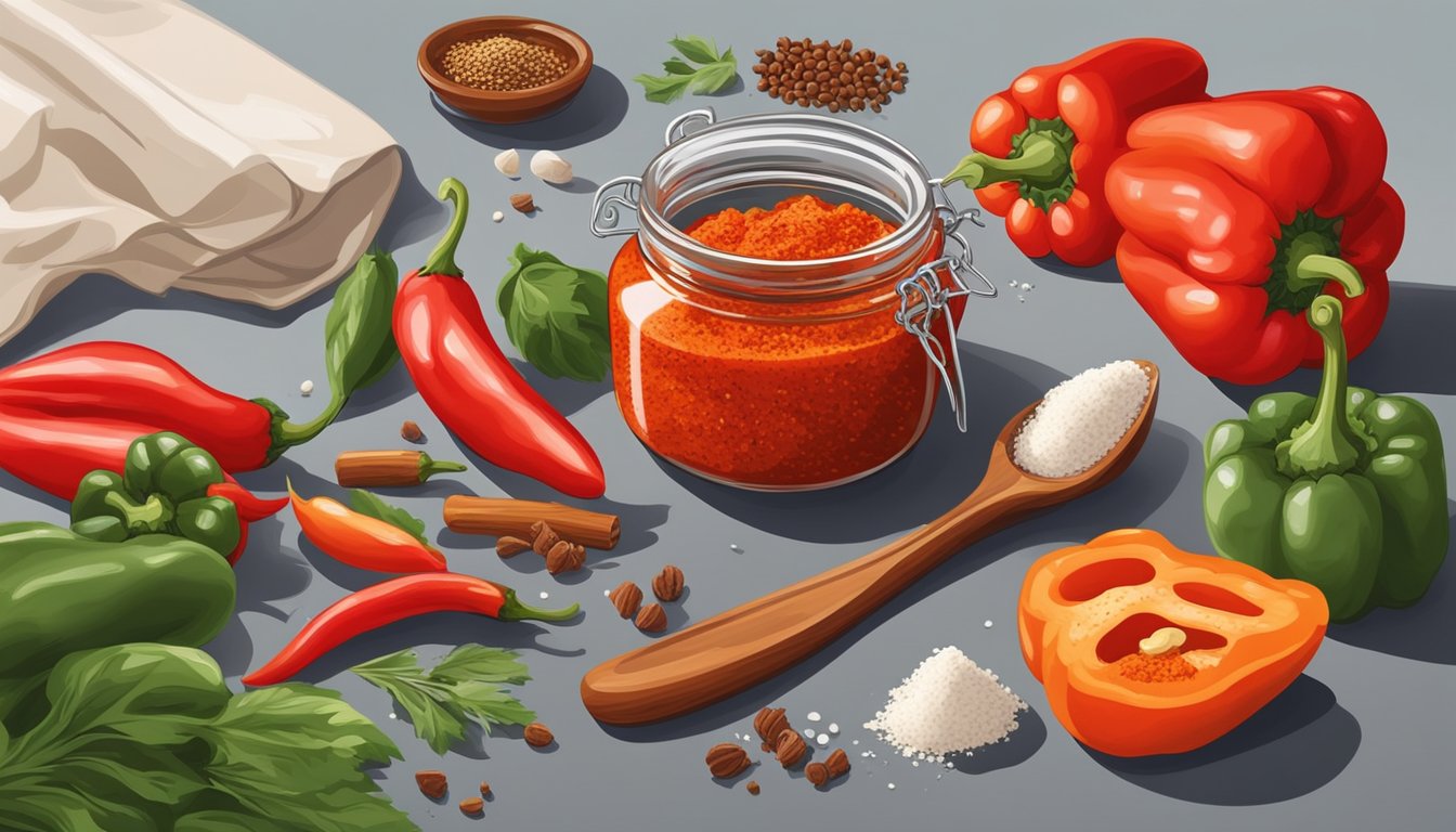 A jar of ajvar sits on a kitchen counter, surrounded by fresh red peppers, garlic, and spices. A bowl of salt and a wooden spoon are nearby