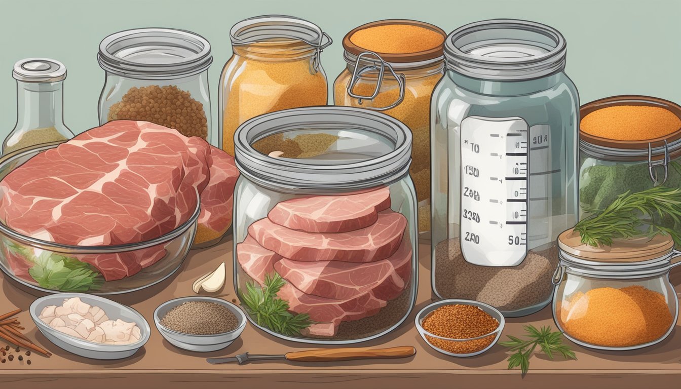 A large glass jar filled with brine and spices, surrounded by cuts of raw meat and a thermometer