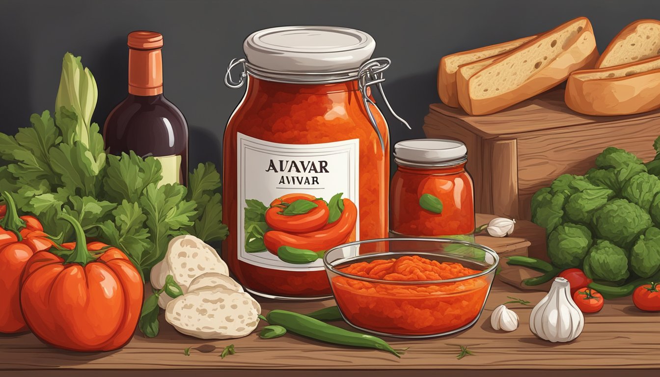 A jar of homemade ajvar sits on a wooden table, surrounded by fresh vegetables, bread, and a bottle of wine