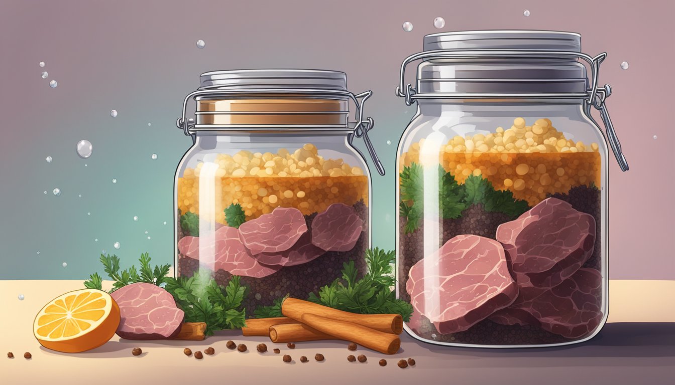 A large glass jar filled with brine and spices, chunks of raw pastrami submerged and fermenting, bubbles rising to the surface