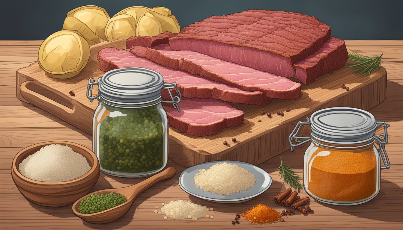 A slab of homemade corned beef sits on a wooden cutting board, surrounded by jars of spices and a bowl of brine