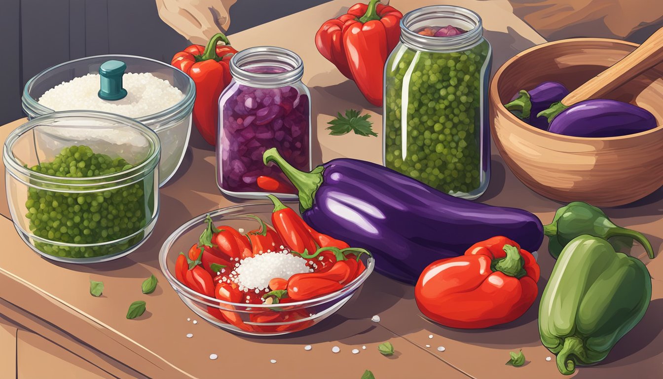 Fresh red peppers and eggplants are being chopped and mixed with salt and oil in a large bowl. The mixture is then transferred to glass jars and left to ferment for several days