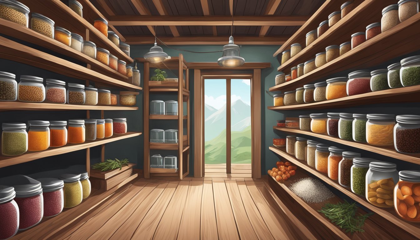 A rustic pantry with shelves of hanging pastirma, surrounded by jars of fermenting spices and herbs