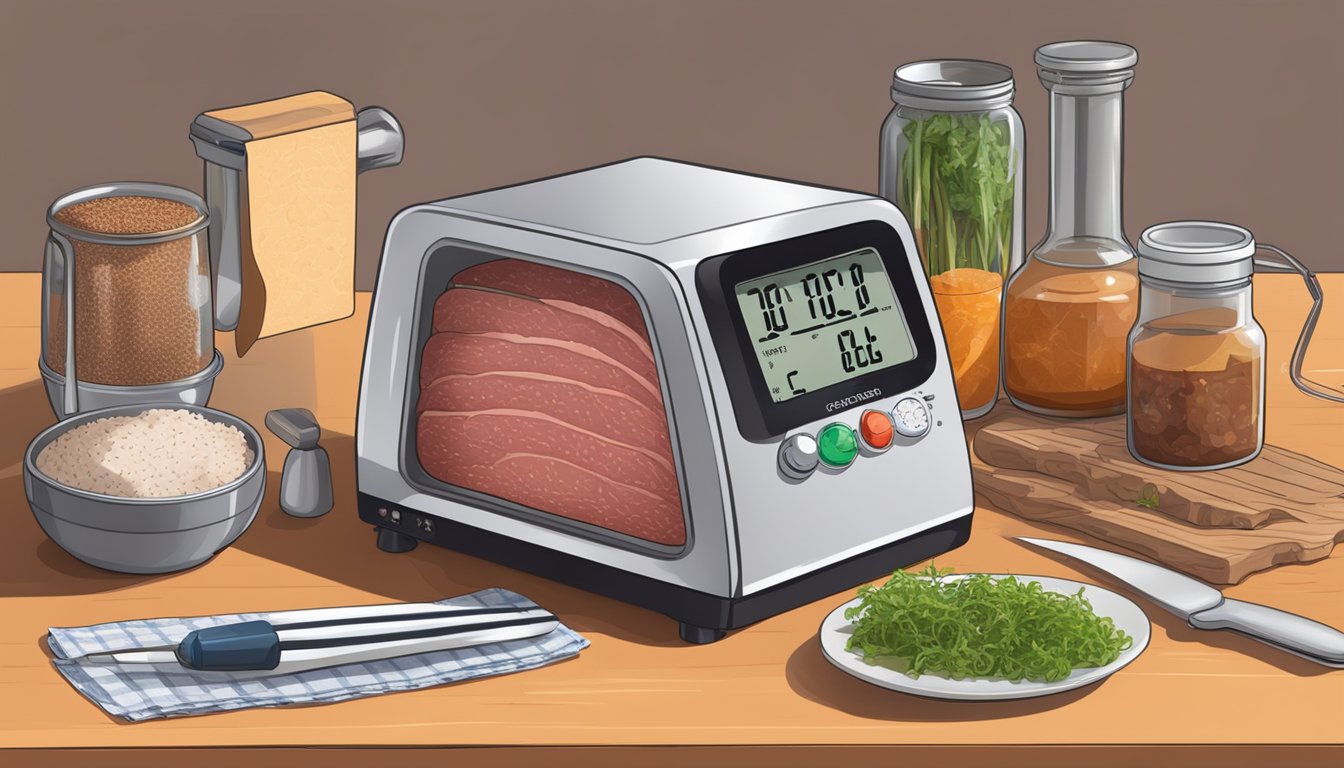 A meat thermometer inserted into a curing pastrami slab, with fermentation ingredients and equipment nearby