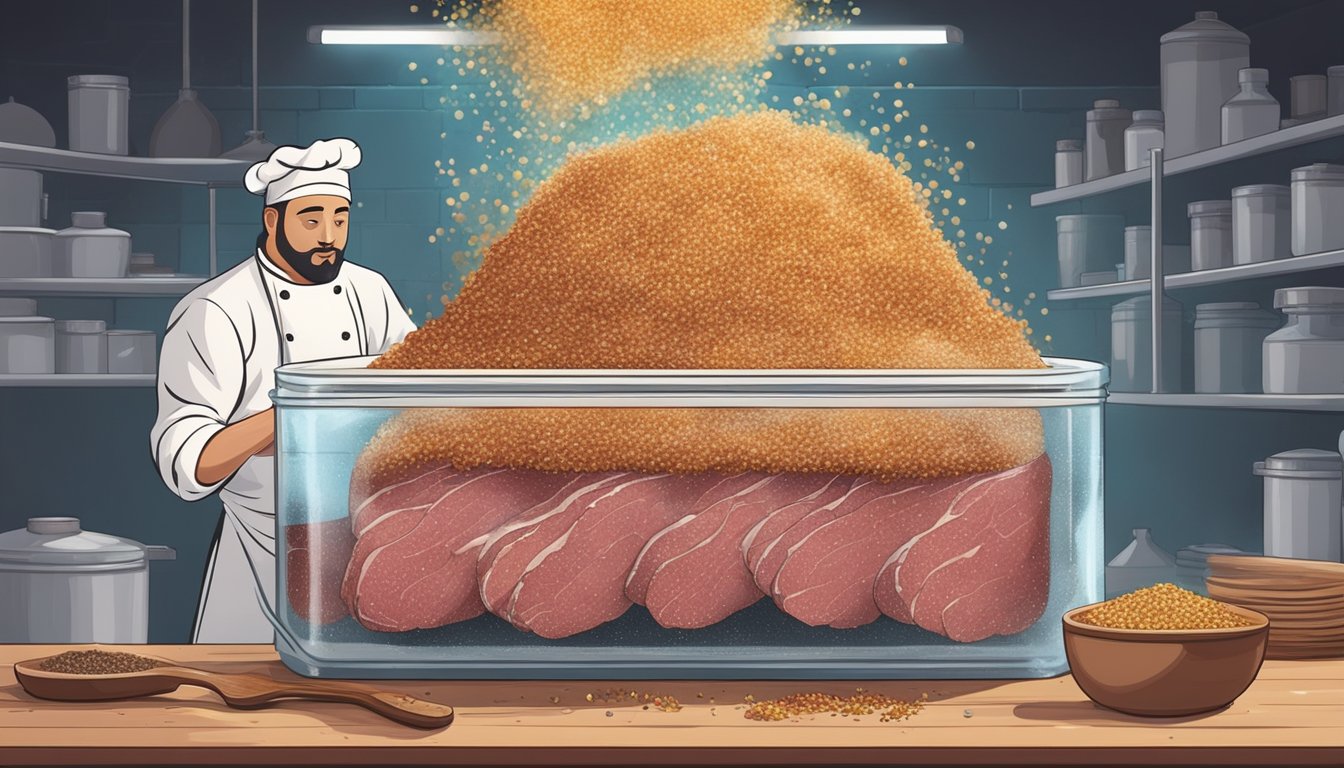 A chef sprinkles sugar on a brined pastrami in a large fermenting container. Spices, herbs, and garlic surround the meat