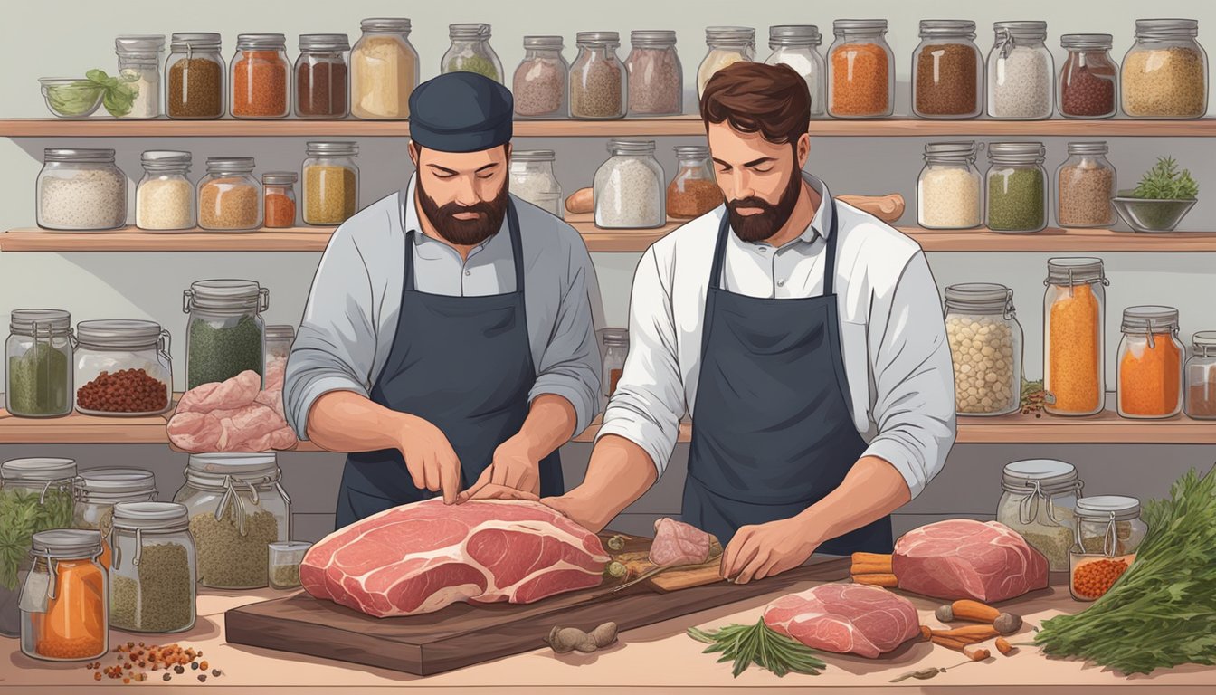 A butcher carefully seasons and ferments a large cut of meat, surrounded by jars of spices and curing agents