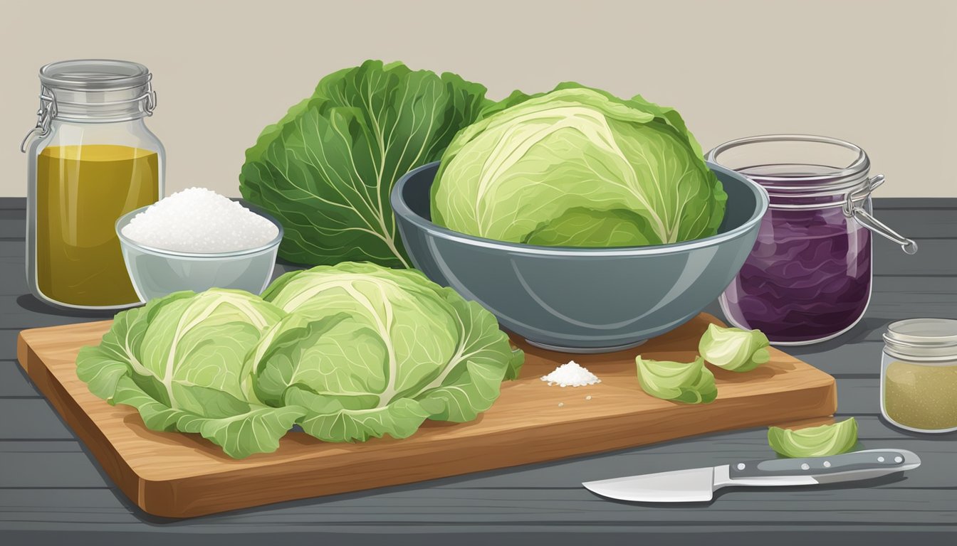 A table with cabbage, salt, and jars. A large mixing bowl and a cutting board with a knife