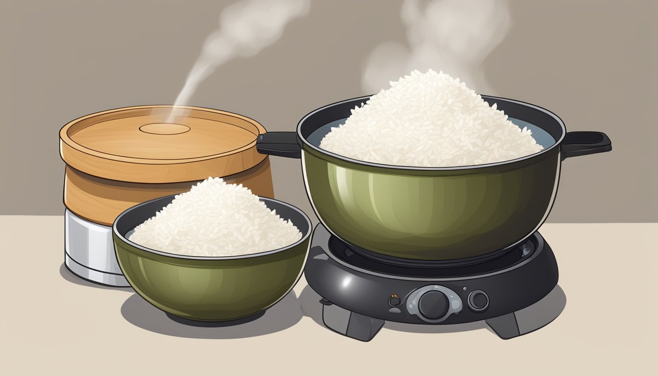 A bowl of steamed rice, a wooden masher, and a pot of water on a stove