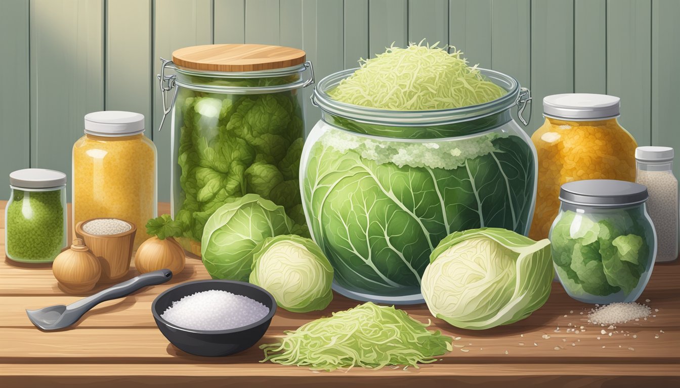 A large ceramic jar filled with shredded cabbage and salt, surrounded by various fermentation tools and ingredients on a wooden table