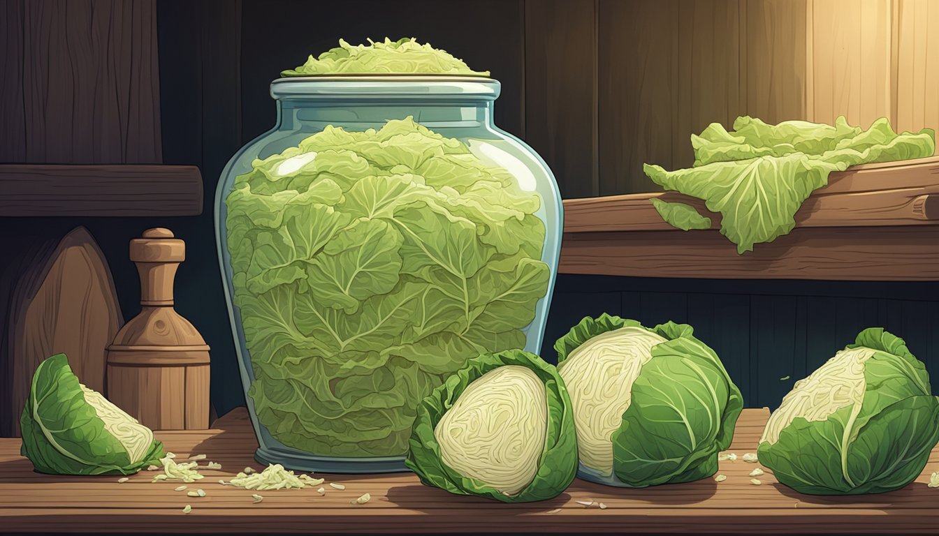 A large clay jar filled with shredded cabbage and salt, covered with a cloth, sits on a wooden shelf in a dimly lit room