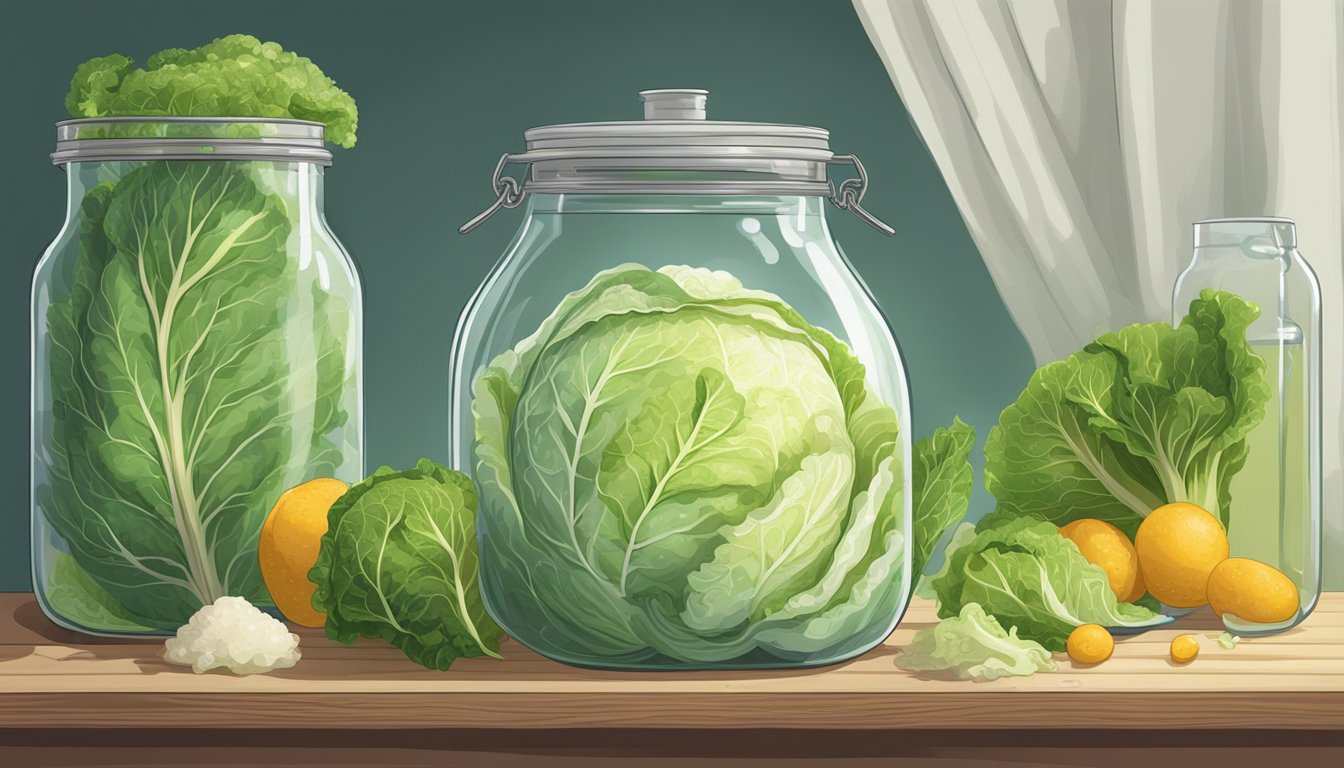 Cabbage and other ingredients sit in a large jar, covered with a cloth, as bubbles form during the fermentation process