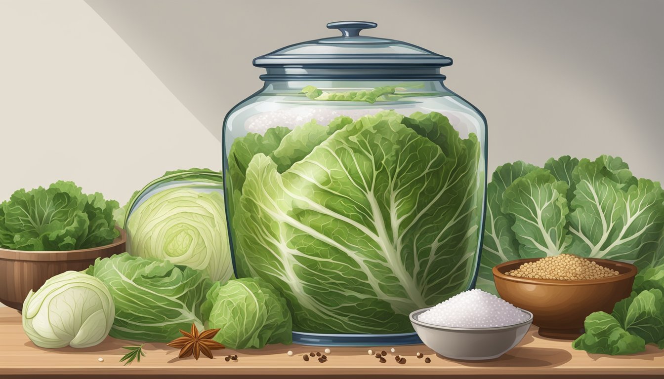 A large ceramic jar filled with chopped cabbage and salt, surrounded by various spices and ingredients for fermenting suan cai