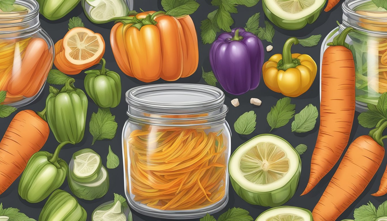 A jar of sliced green papaya, carrots, and bell peppers fermenting in a brine of vinegar, sugar, and spices