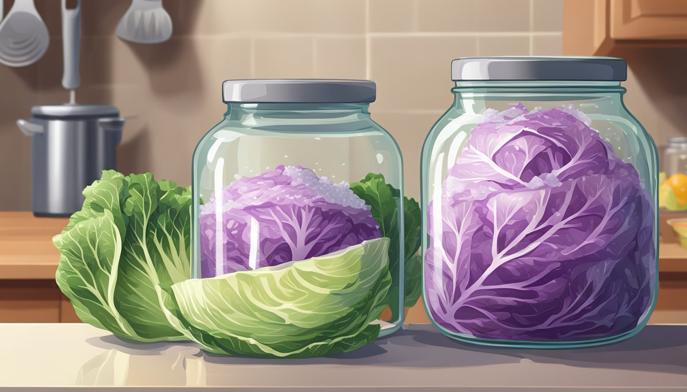 A glass jar filled with chopped cabbage and salt, sitting on a kitchen counter. A weight presses down on the cabbage, with a cloth covering the jar