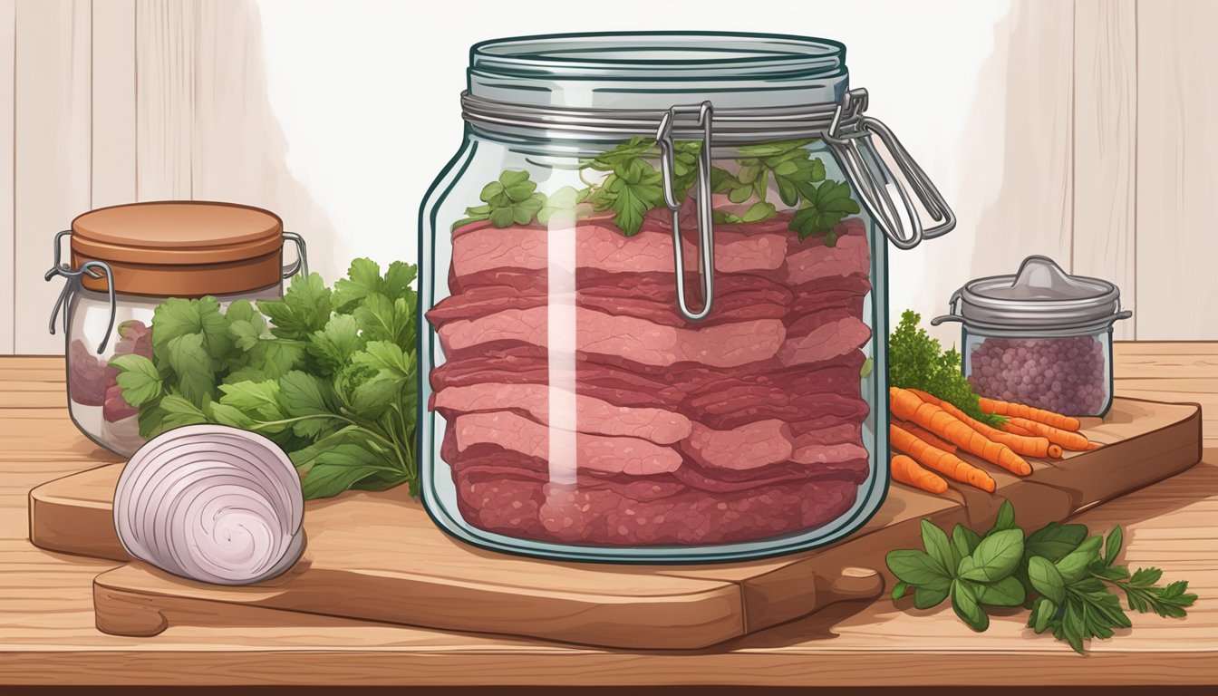 A jar of fermenting corned beef surrounded by herbs and spices on a wooden cutting board