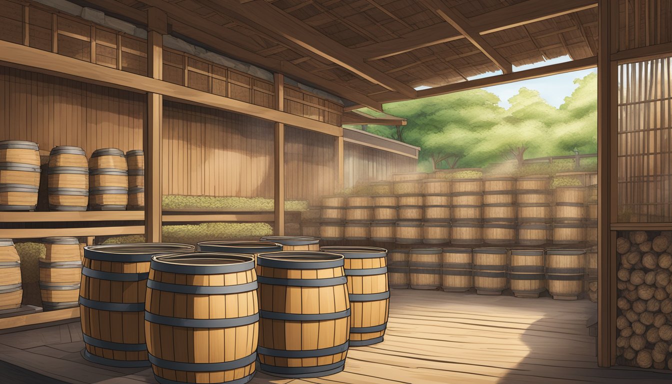 Katsuobushi flakes fermenting in wooden barrels with a mesh covering, surrounded by a traditional Japanese fermentation room