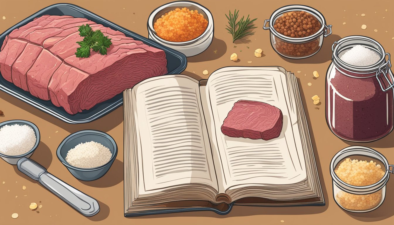 Corned beef surrounded by ingredients like salt, sugar, and spices, with a jar of brine and a recipe book open to a page on fermentation