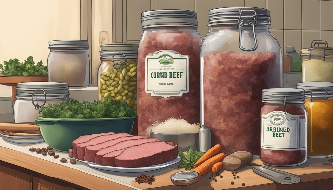 A large pot of brine-soaked corned beef sits on a kitchen counter, surrounded by jars of pickling spices and a thermometer