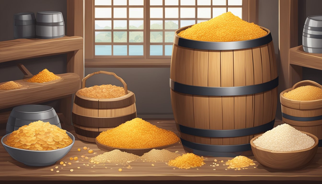 A wooden barrel filled with katsuobushi flakes, surrounded by fermentation equipment and ingredients