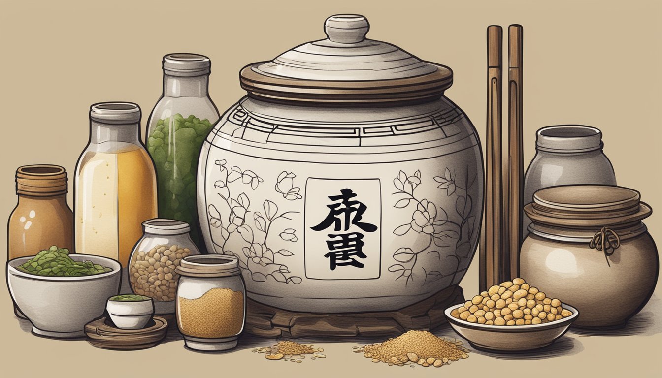 A traditional ceramic jar filled with fermenting kanji, surrounded by various ingredients and utensils for the fermentation process