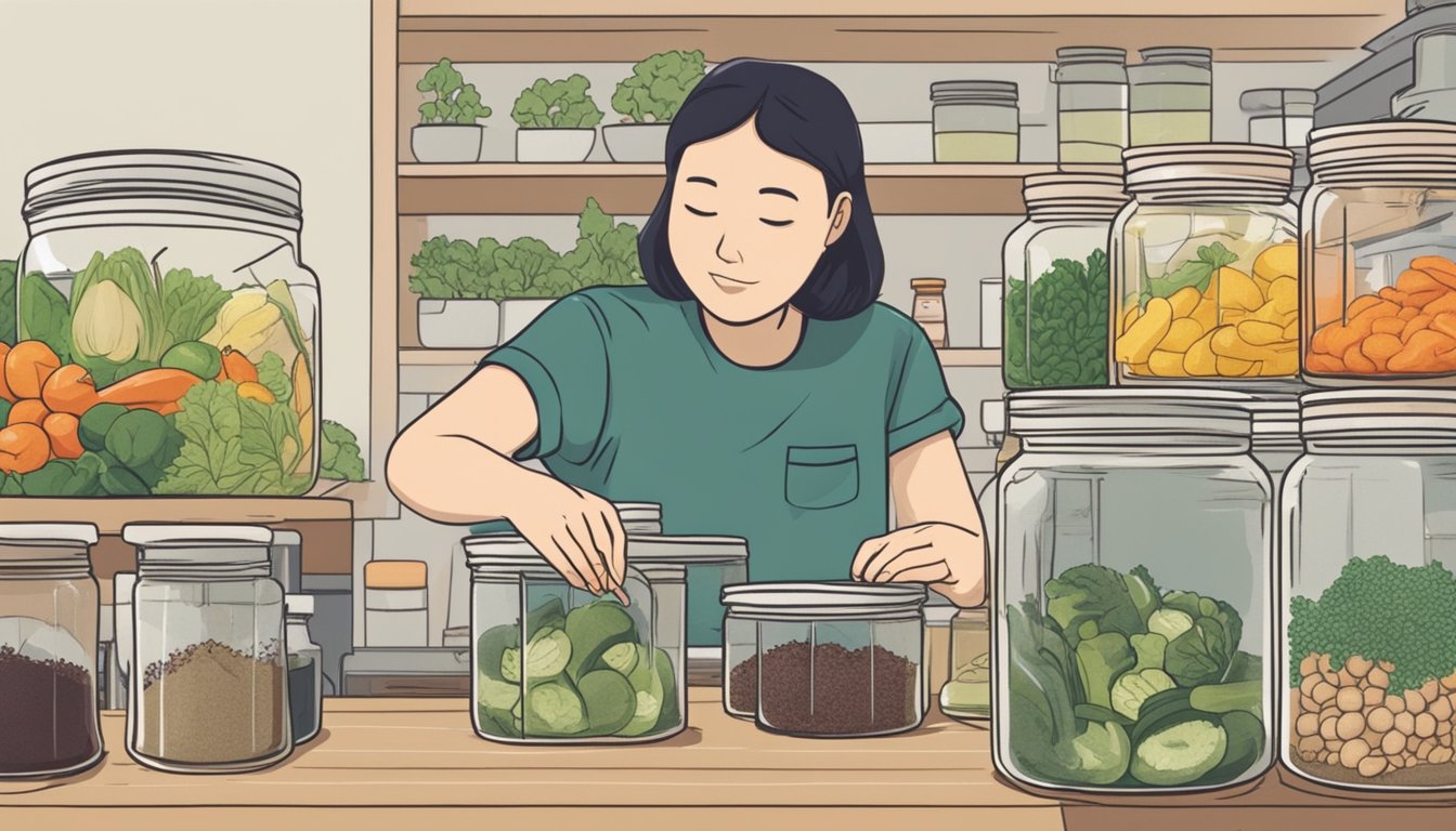 A person selecting vegetables and spices, then placing them in a jar of water to ferment for making kanji