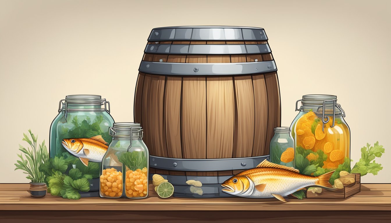 A wooden barrel filled with bonito fish submerged in a brine solution, surrounded by jars of fermenting ingredients and a bubbling fermentation lock