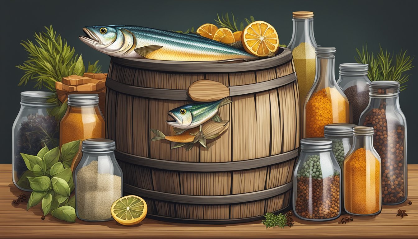 A wooden barrel filled with bonito fish submerged in brine, surrounded by jars of various spices and ingredients