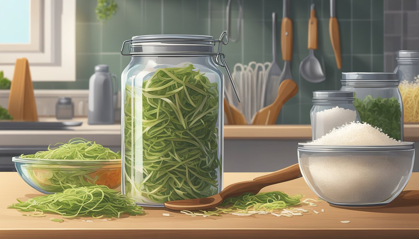 A glass jar filled with shredded vegetables sits on a kitchen counter, covered with a cloth secured by a rubber band. A small bowl of salt and a wooden spoon are nearby