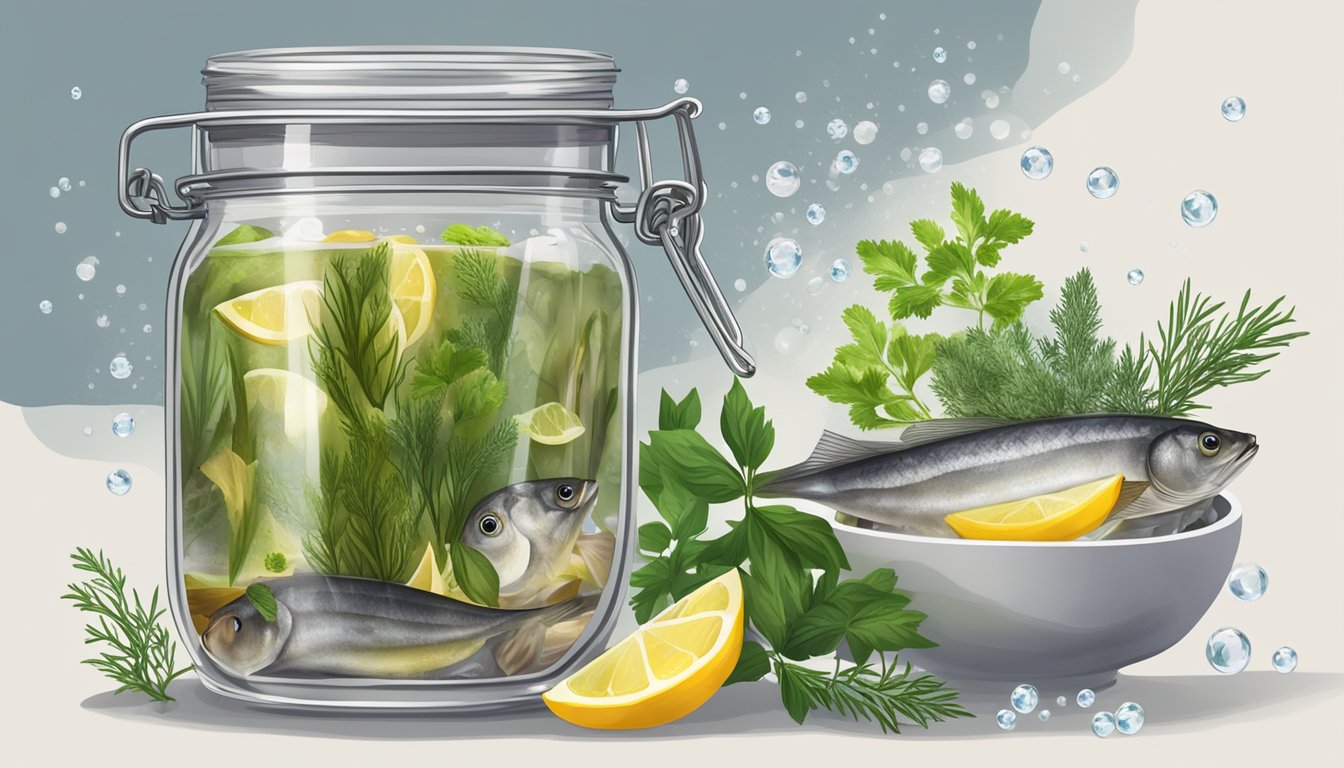 A glass jar filled with pickled herring submerged in a brine solution, surrounded by various herbs and spices, with bubbles rising to the surface