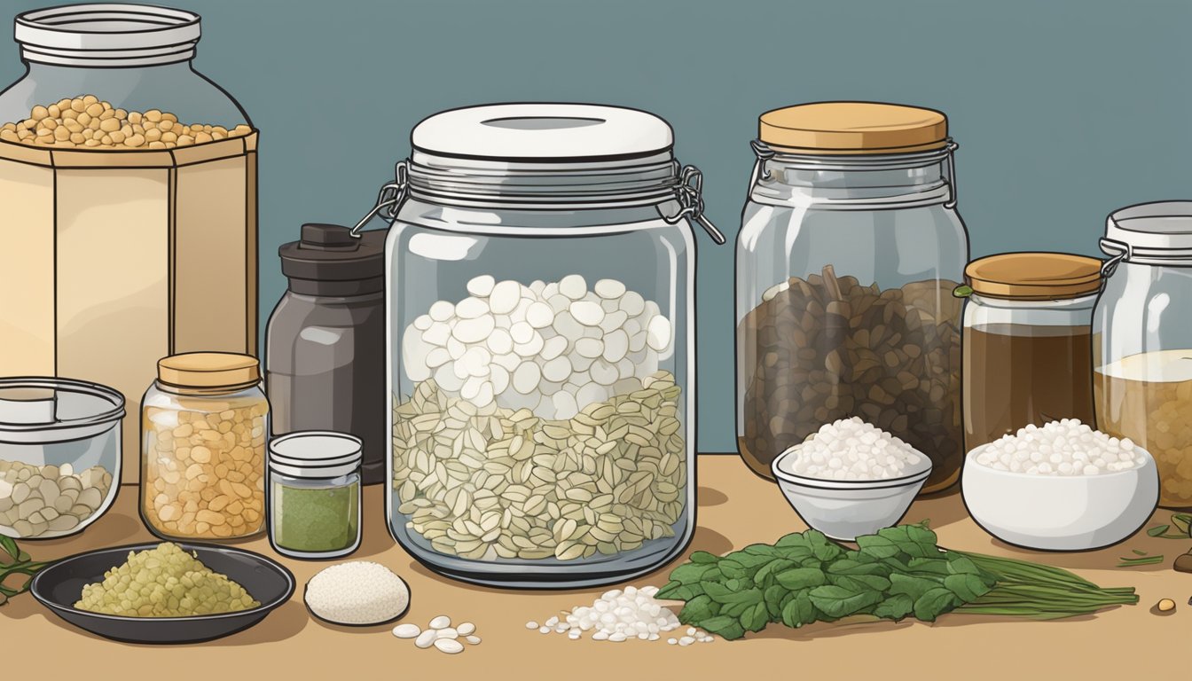 A glass jar filled with leftover kanji sitting on a kitchen counter, surrounded by various fermentation tools and ingredients