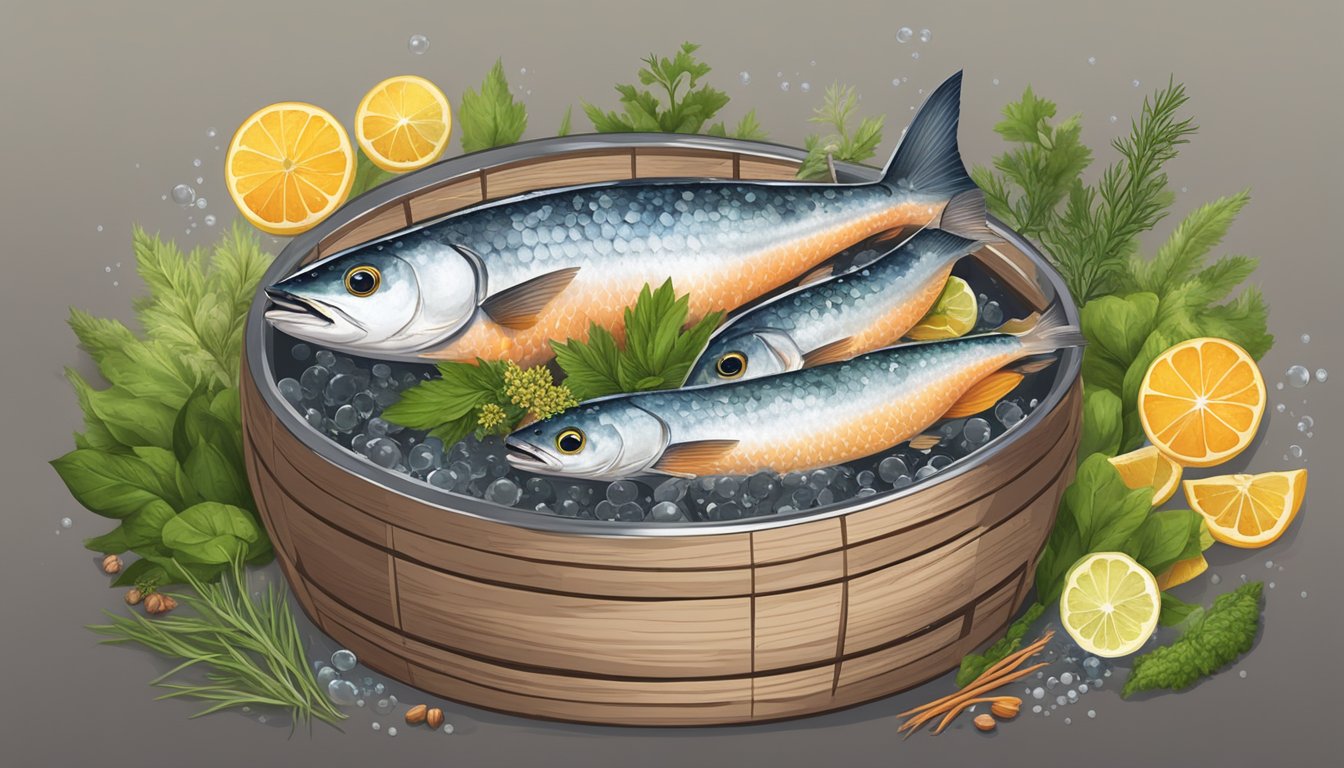 A wooden barrel filled with bonito fish submerged in brine, surrounded by various herbs and spices, with bubbles rising to the surface