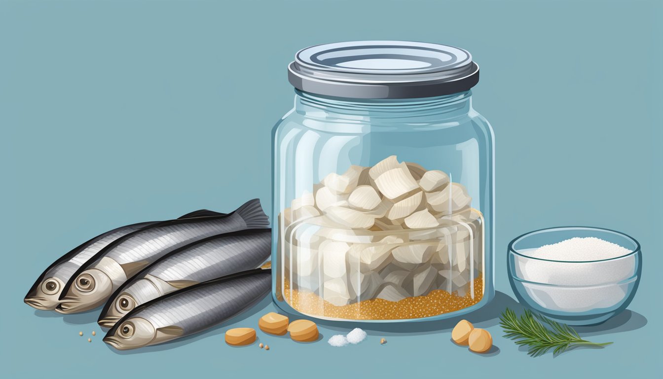 A glass jar filled with herring fillets, salt, sugar, and spices. A small bowl of water, a weight, and a cloth covering the jar