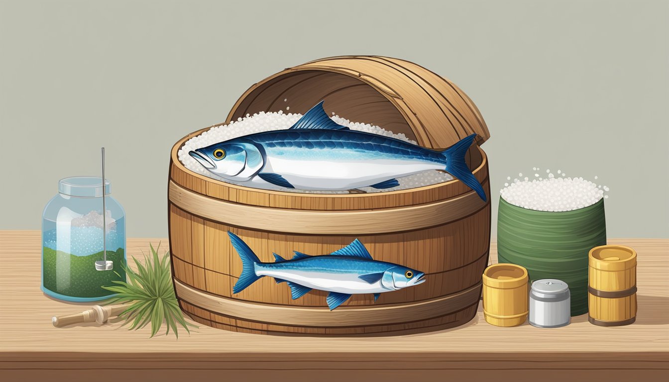 A wooden barrel filled with bonito fish, surrounded by salt, rice bran, and kelp. A small thermometer and weights sit nearby