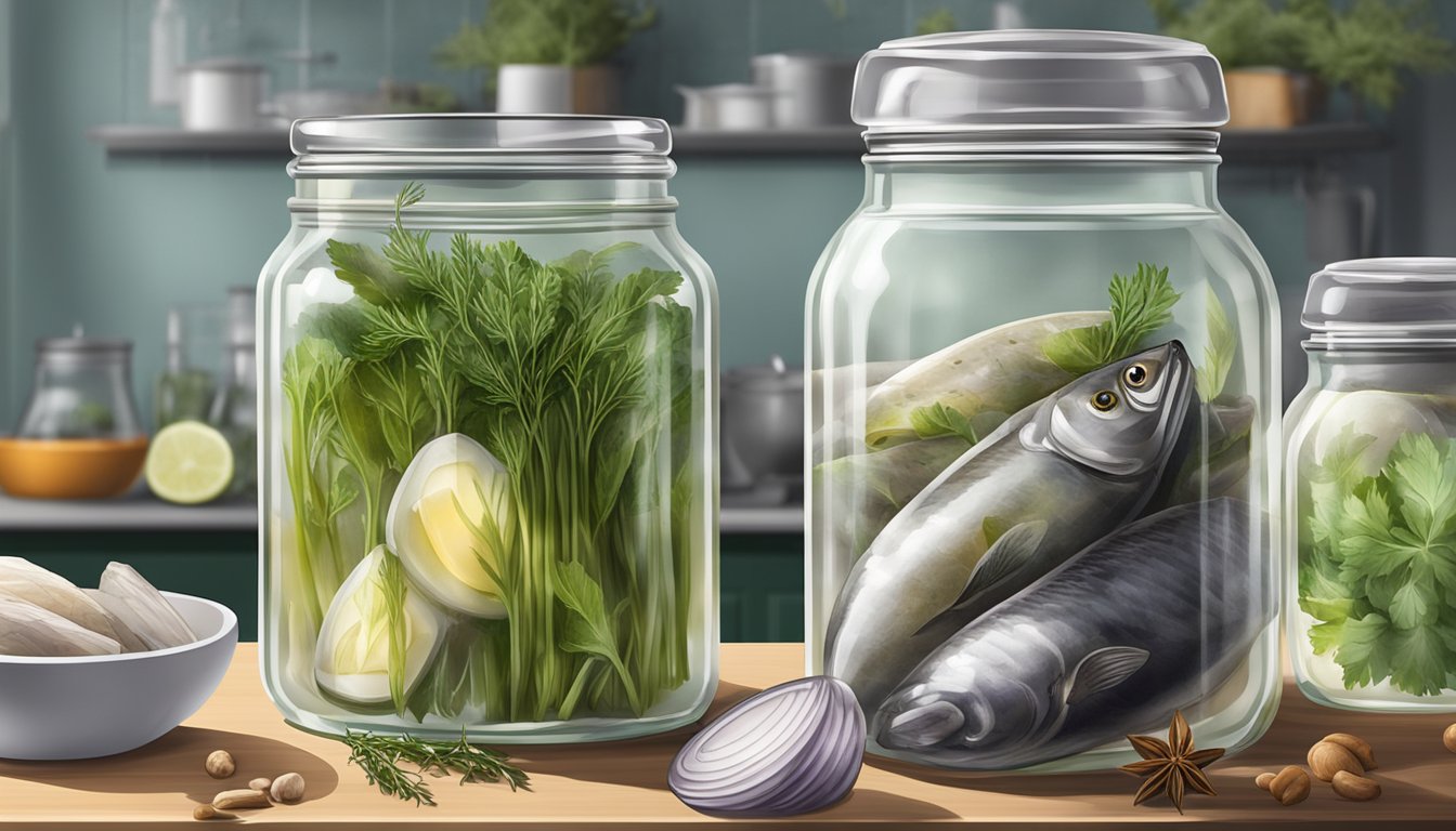 A glass jar filled with pickled herring submerged in a brine solution, surrounded by herbs and spices, sitting on a kitchen countertop