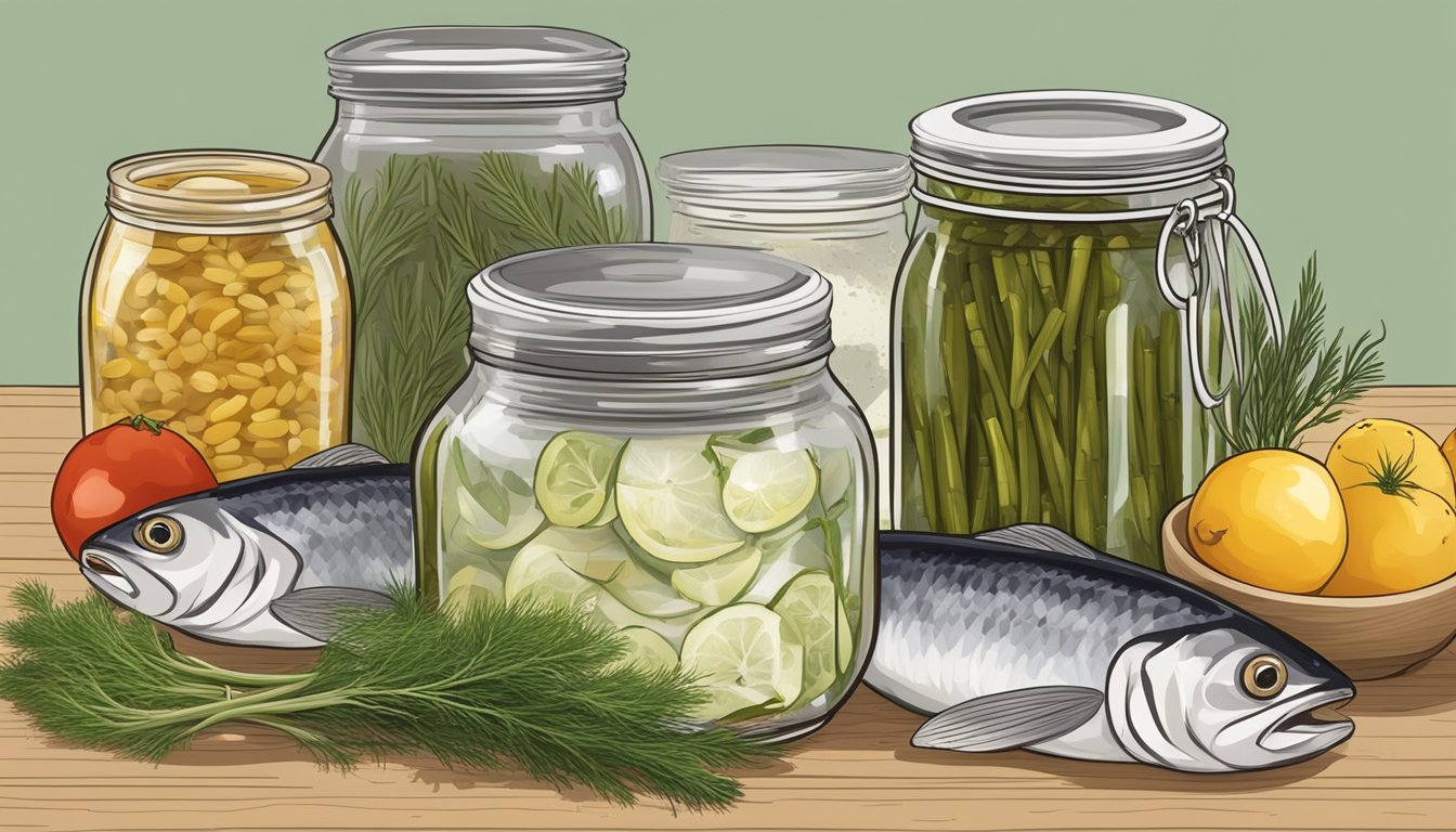 A jar of pickled herring surrounded by various flavoring and seasoning ingredients, such as dill, onion, and peppercorns, with a small dish of fermenting solution nearby