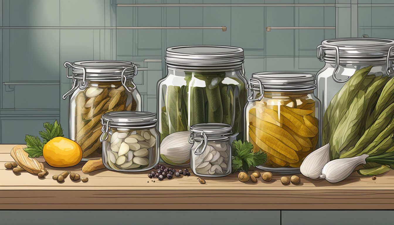 A kitchen counter with jars of pickled herring, spices, and fermentation equipment