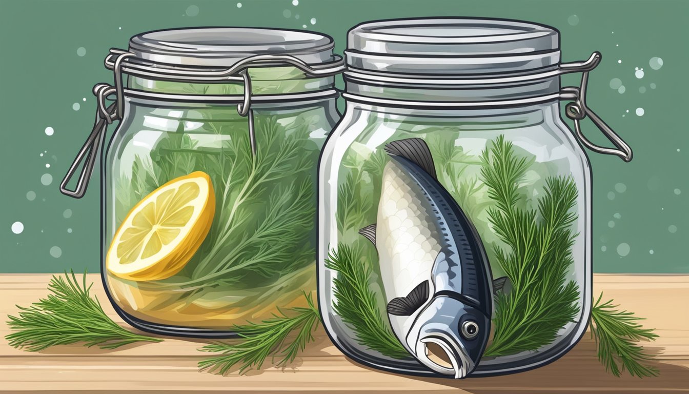 A glass jar filled with herring submerged in brine, surrounded by fresh dill, garlic, and spices, emitting a strong, pungent aroma