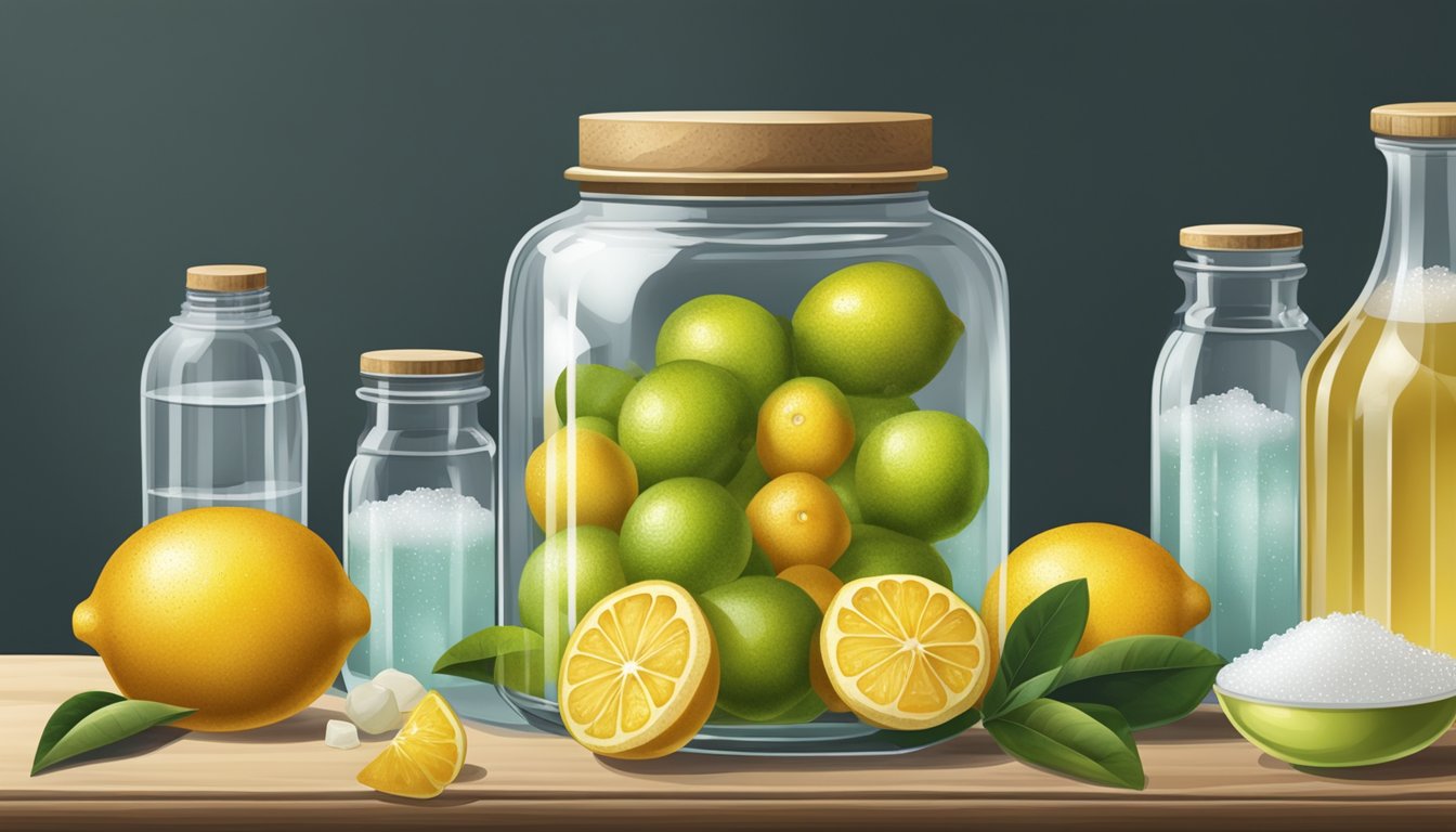 A glass jar filled with calamansi fruit and sugar, surrounded by bottles of yeast and water