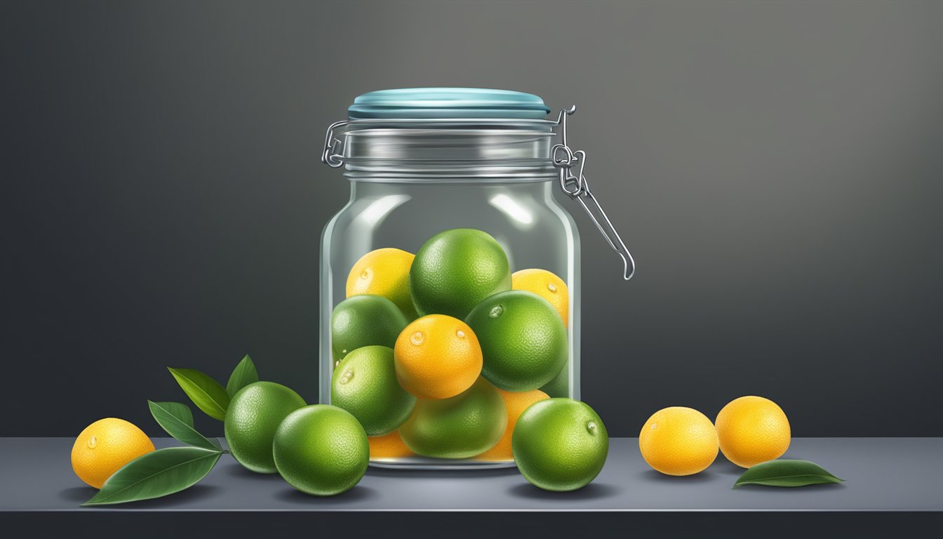 A glass jar filled with calamansi fruit and sugar, covered with a breathable cloth, placed in a cool, dark area