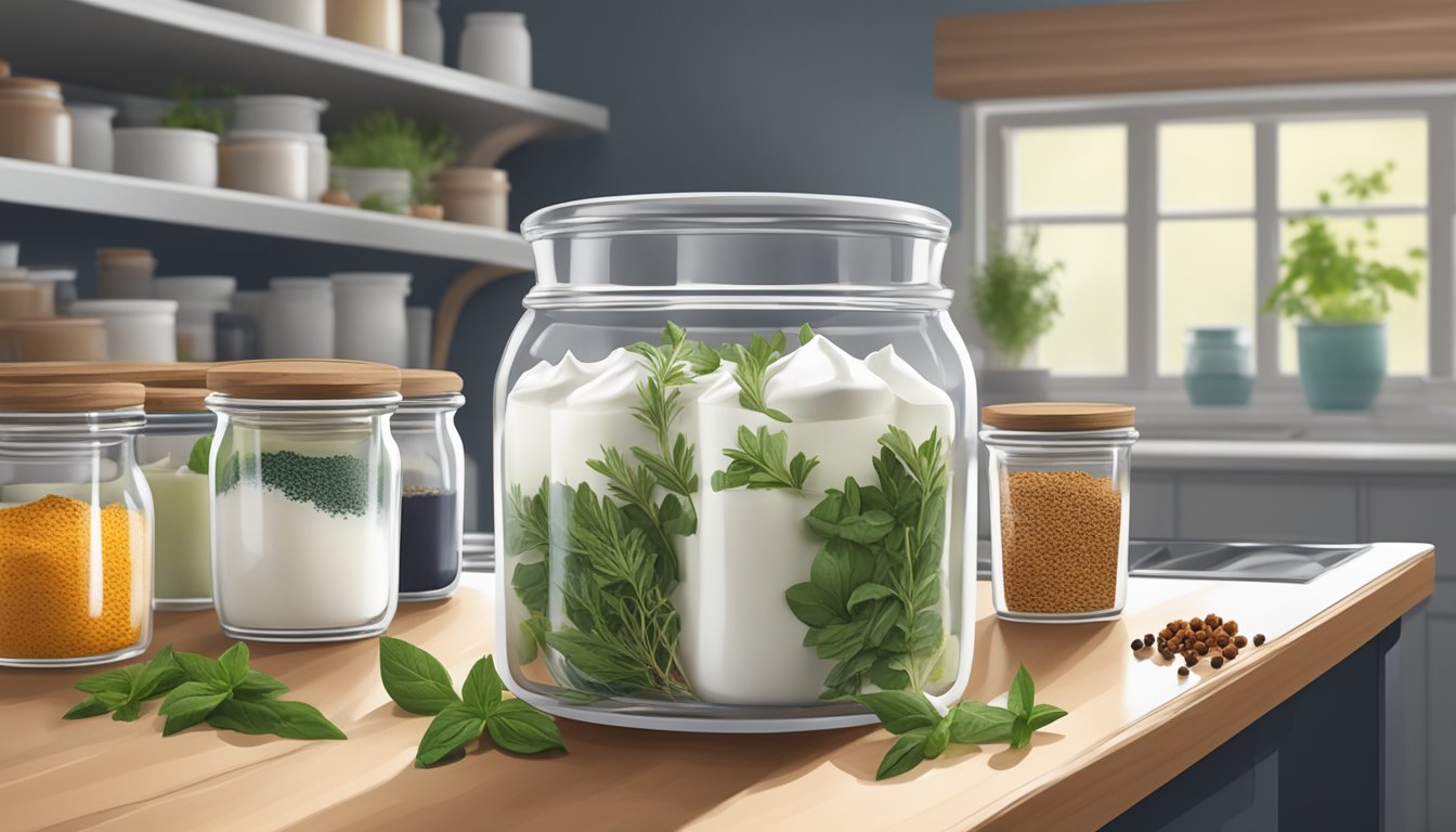 A glass jar filled with matsoni yogurt sitting on a kitchen counter, surrounded by various jars of spices and herbs