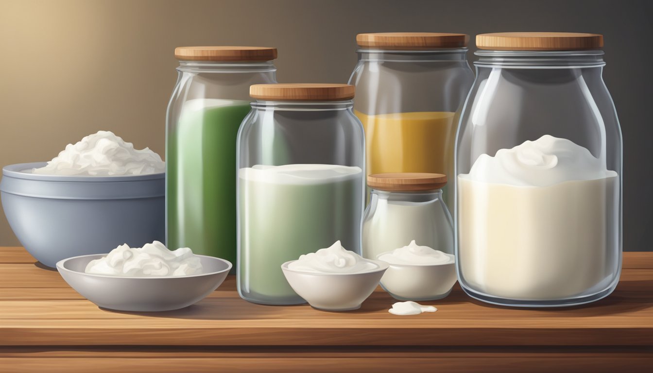 A glass jar filled with matsoni culture sits on a wooden table, surrounded by bowls of fresh milk and a clean cloth for covering