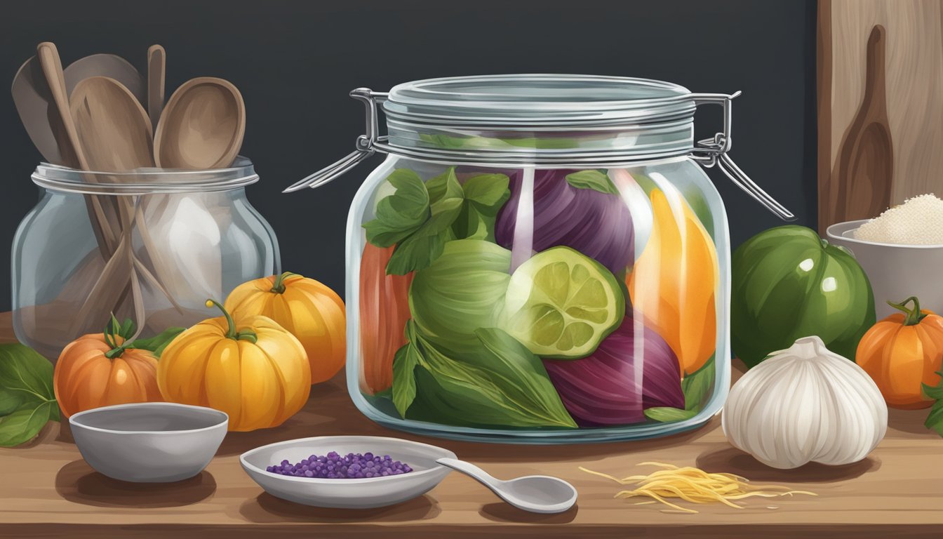 A glass jar of matsoni sits on a kitchen counter, surrounded by various utensils and ingredients. The jar is covered with a cloth and left undisturbed to ferment