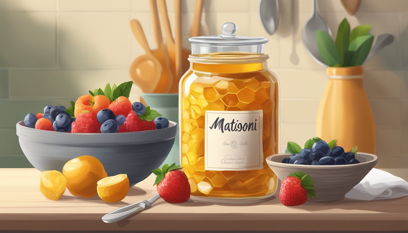 A glass jar filled with matsoni sits on a kitchen counter, surrounded by bowls of fresh fruit and honey. A small spoon and a cloth cover the jar