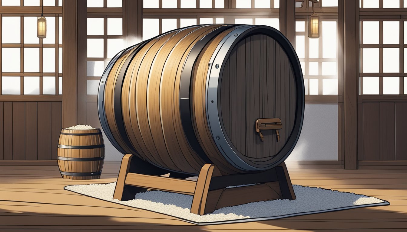 A wooden barrel filled with rice and fish, covered with a cloth, sits in a dark, cool room, undergoing the fermentation process for narezushi