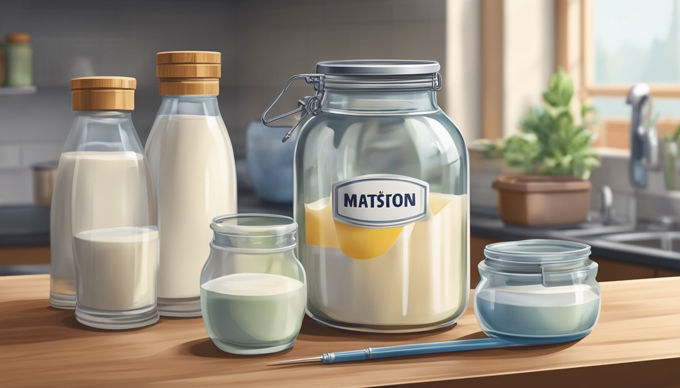 A glass jar filled with matsoni culture sits on a kitchen counter next to a thermometer and a small container of milk