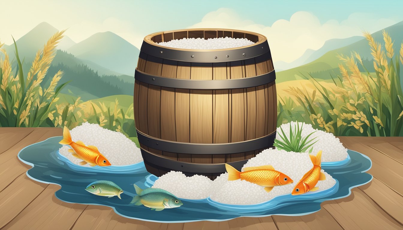 A wooden barrel filled with rice and fish submerged in brine, surrounded by traditional fermentation equipment